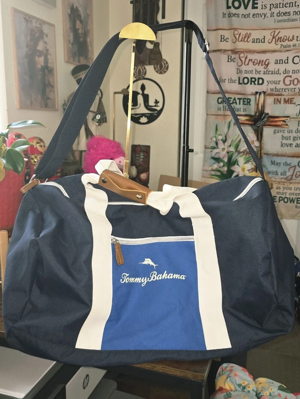 Tommy Bahama Navy and Blue Duffel Bag with White Straps